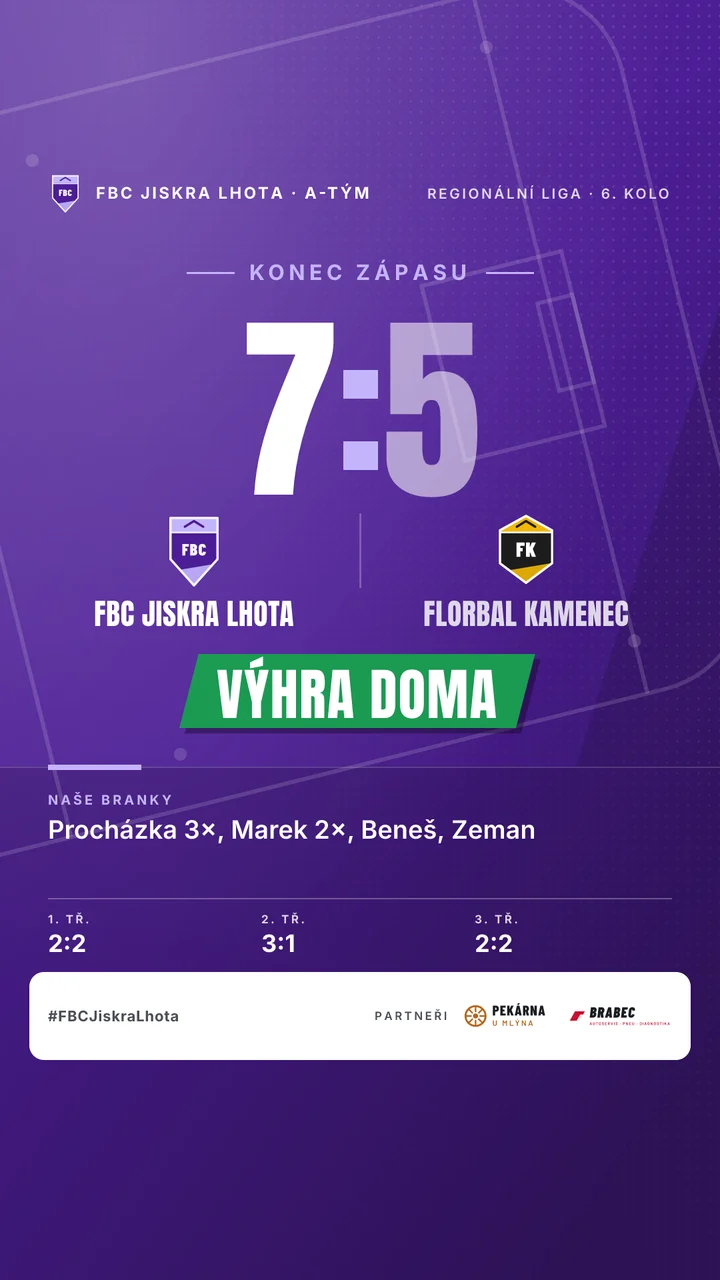 Florbal: grafika výsledku 7:5 ve formátu story