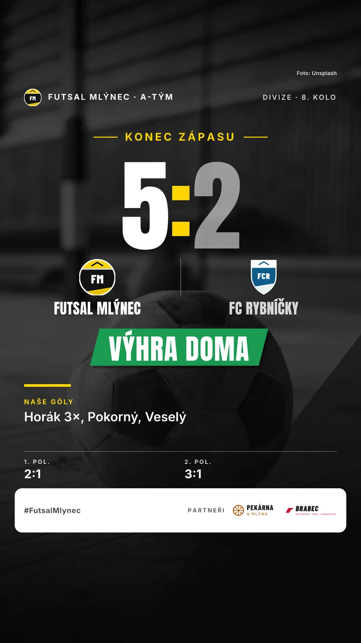 Futsal: grafika výsledku 5:2 ve formátu story