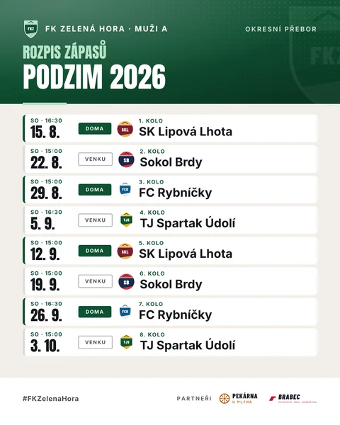 Rozpis zápasů FK Zelená Hora na podzim 2026